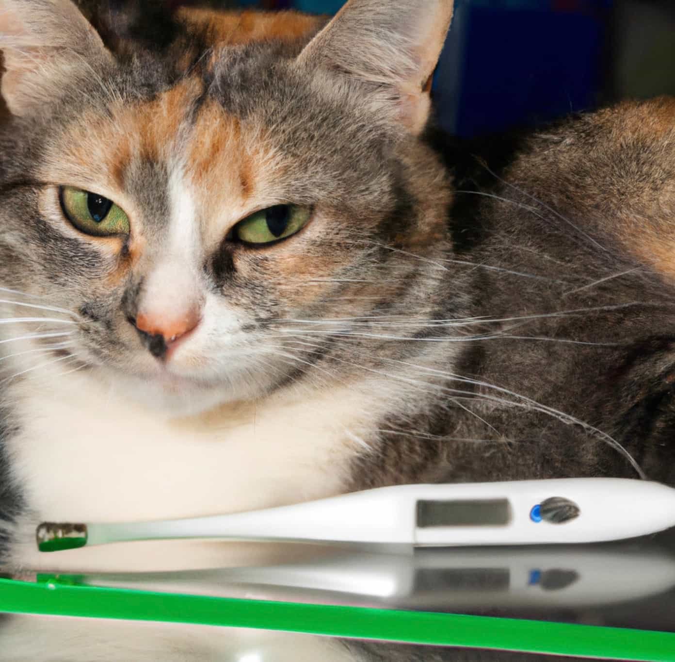 A cat with thermometer suffering from hyperthermia or pyrexia of unknown origin