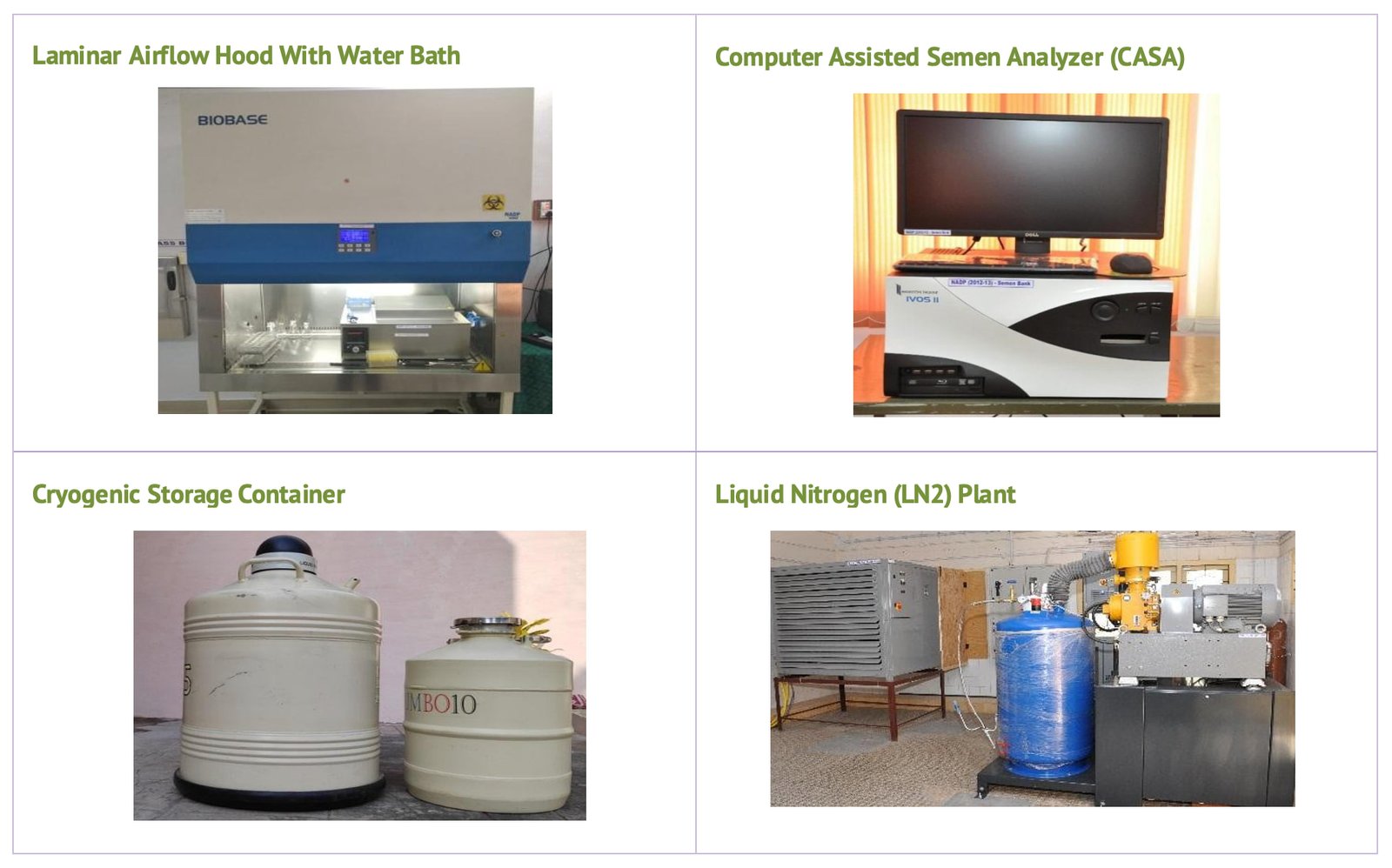 Laminar Airflow Hood, Computer Assisted Semen Analyzer (CASA), Cryogenic Storage Container and Liquid Nitrogen (LN2) Plant