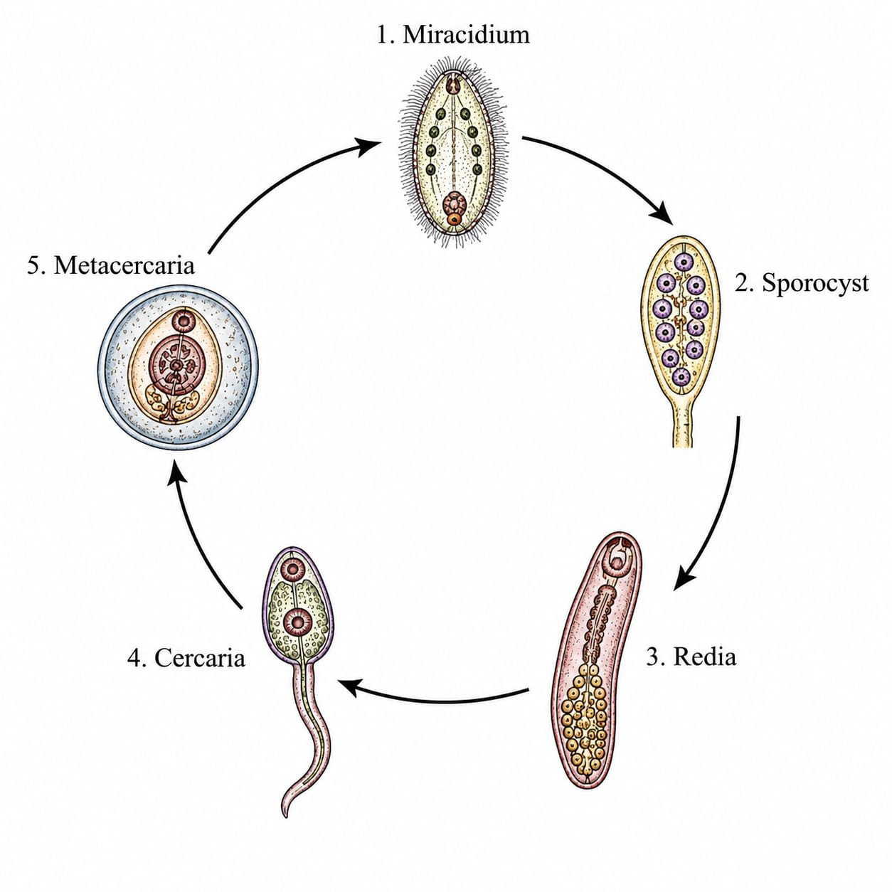 Larval Stages of Trematodes (Miracidium, Sporocyst, Redia, Cercaria, and Metacercaria)