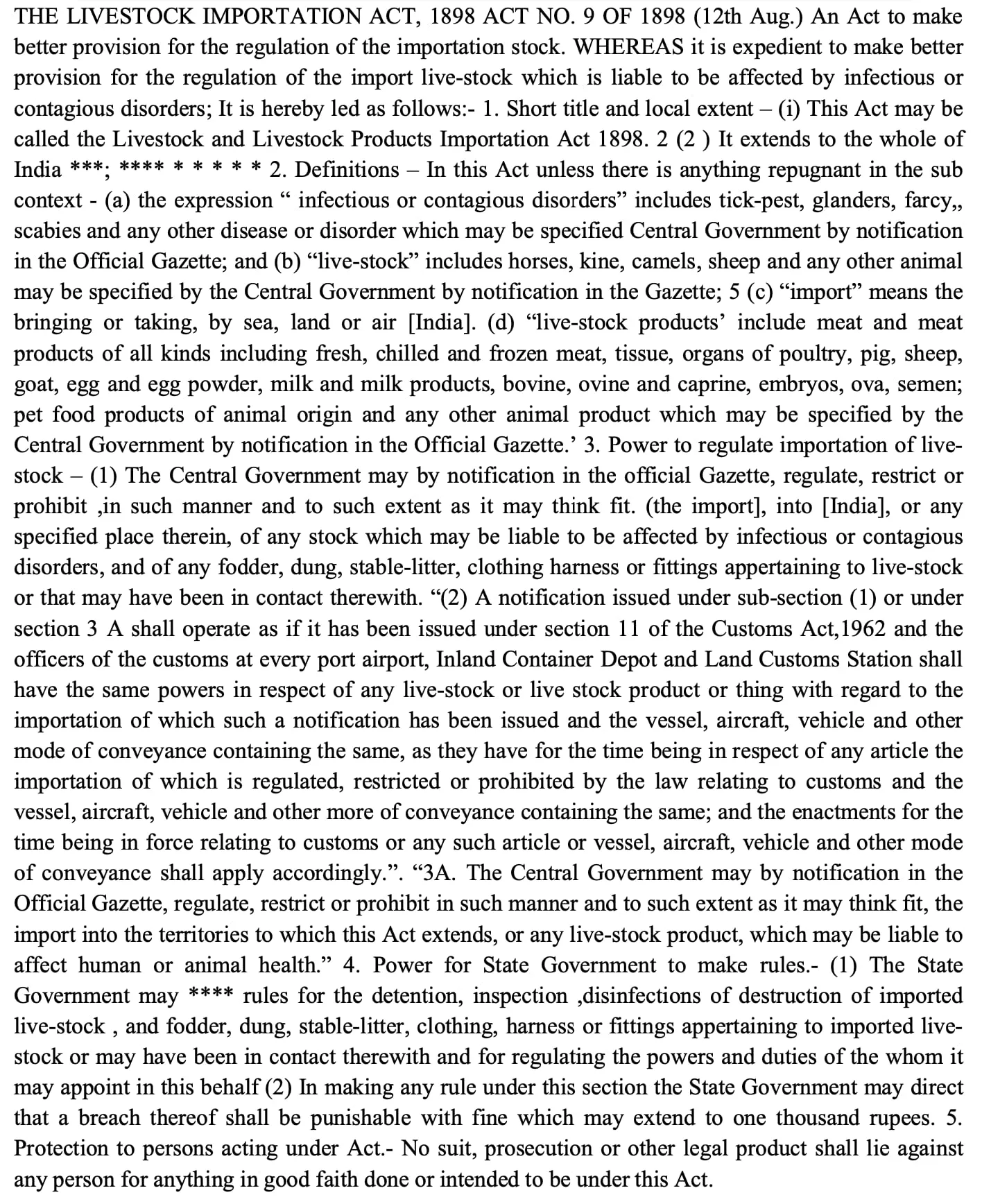 The Livestock Importation Act, 1898 Act no. 9 of 1898 (12th Aug.)- The Prevention of Cruelty to Animals Act (1960)