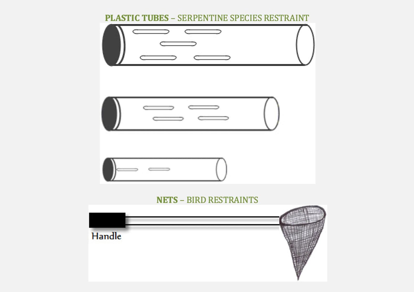 Transparent Plastic Tubes (Restraint of Serpentines) and Nets (Restraints for Birds)