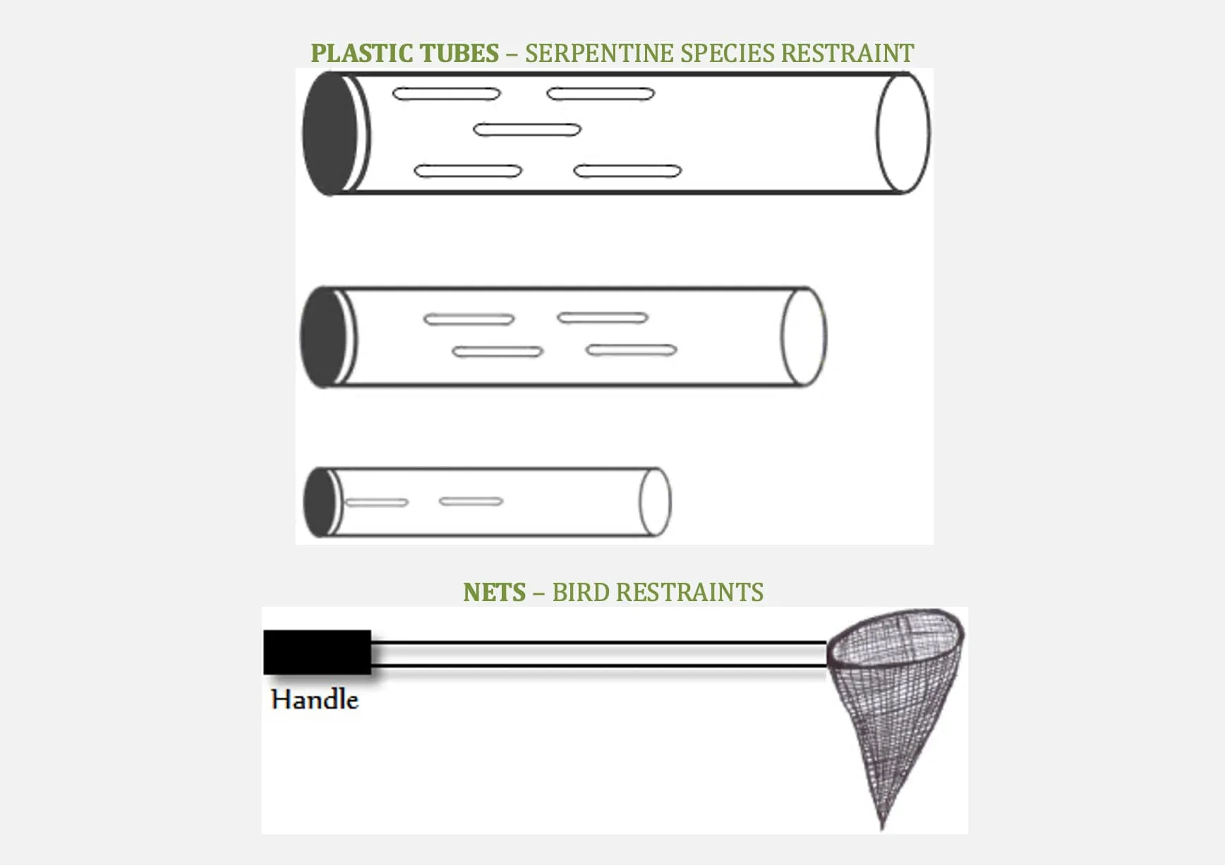 Transparent Plastic Tubes (Restraint of Serpentines) and Nets (Restraints for Birds)